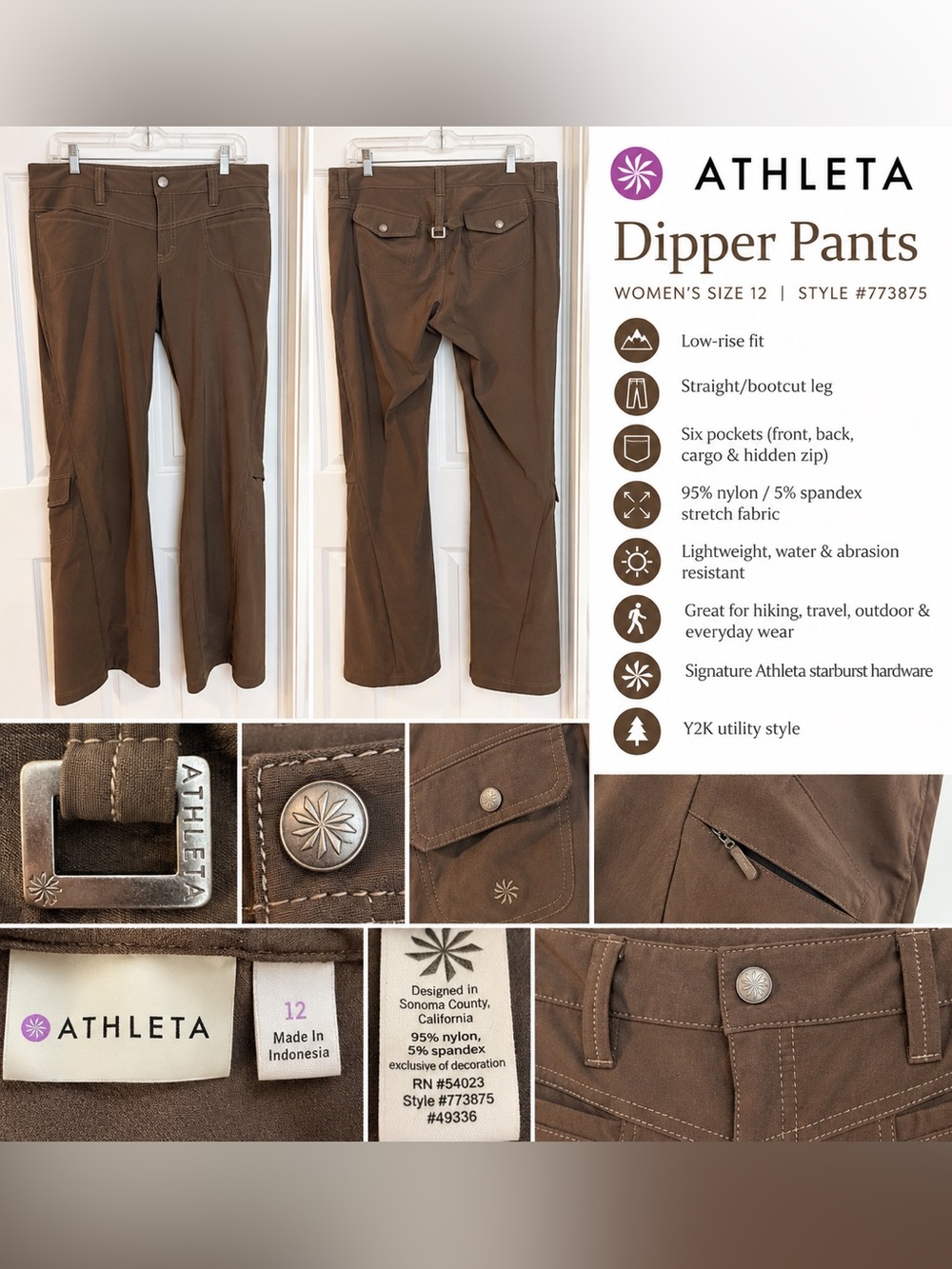 Athleta Dipper Cargo Hiking Pants Brown Size 12 Low Rise Stretch